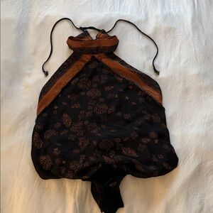 Free People Brown and Black Patterned High Neck Open Back Bodysuit (Small)